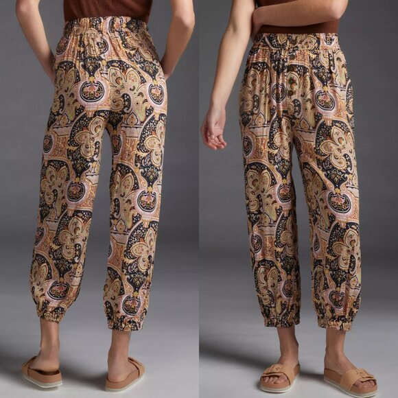 Anthropologie Odette paisley boho high rise jogger pockets pull-on pants small - Picture 2 of 6